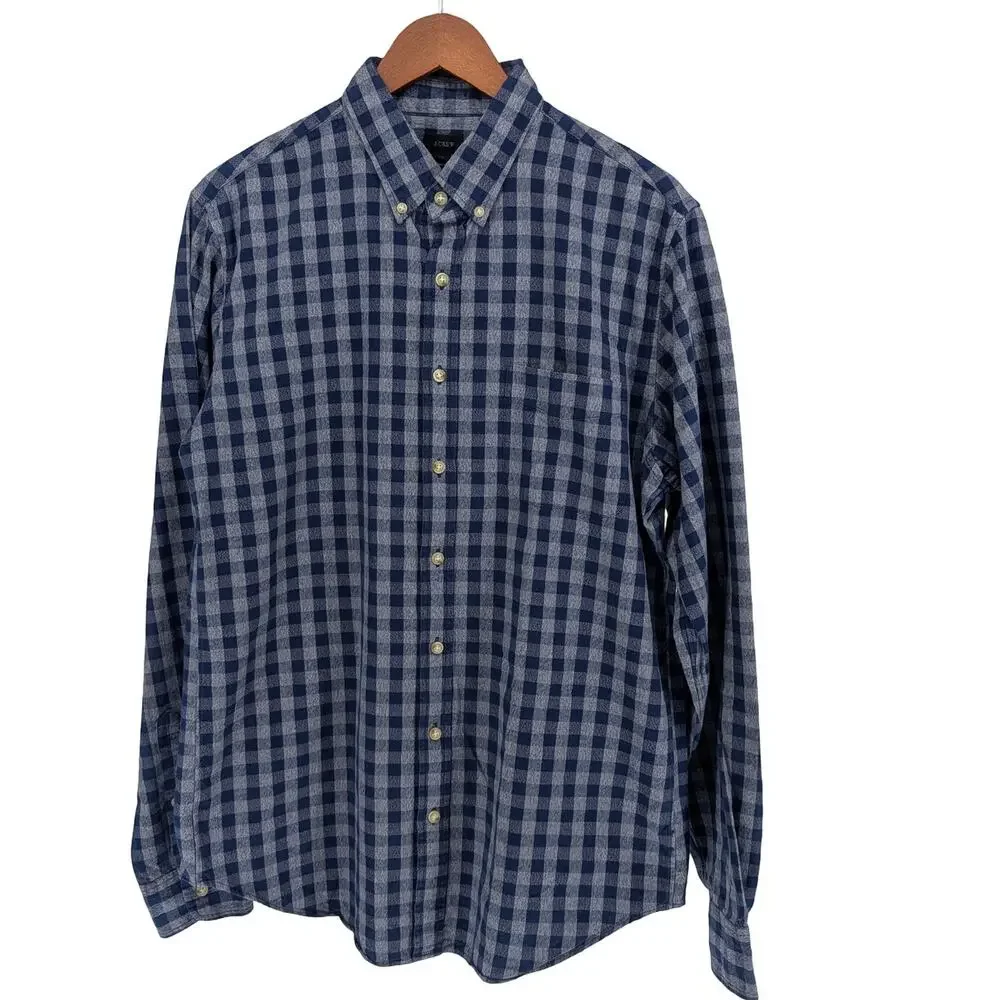 J.Crew Men's Large Tall LT Blue Gingham Plaid Cotton Button Down Shirt Preppy